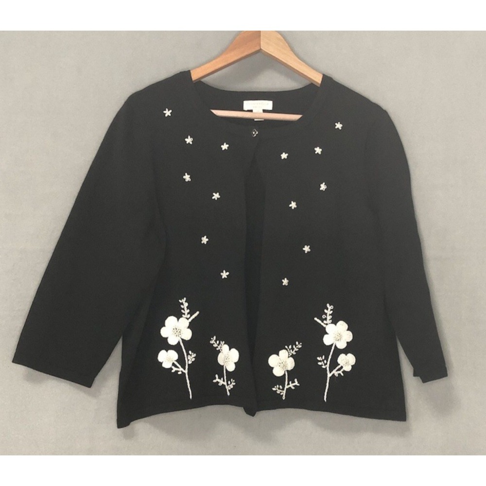 CHARTER CLUB Women's Cotton Crop Cardigan Sweater Emb. Floral Black White 2X